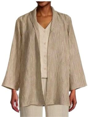 Eileen Fisher Pleated Shimmer Open-Front Lightweight Jacket in Beige M